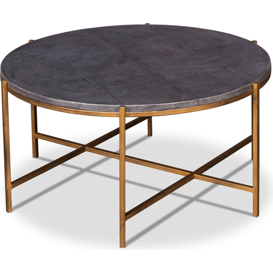 Grey Shagreen Coffee Table by Sarreid Ltd. in black and gray shagreen antiqued brass base. Made from mdf, leather, iron in a transitional style.