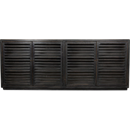 St Lucia Sideboard by Sarreid Ltd. in black and 4 fixed shelves. Made from pine in a rustic style.