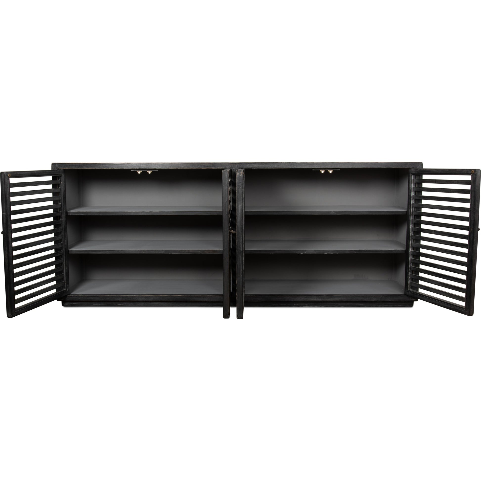 St Lucia Sideboard by Sarreid Ltd. in black and 4 fixed shelves. Made from pine in a rustic style.