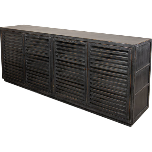 St Lucia Sideboard by Sarreid Ltd. in black and 4 fixed shelves. Made from pine in a rustic style.