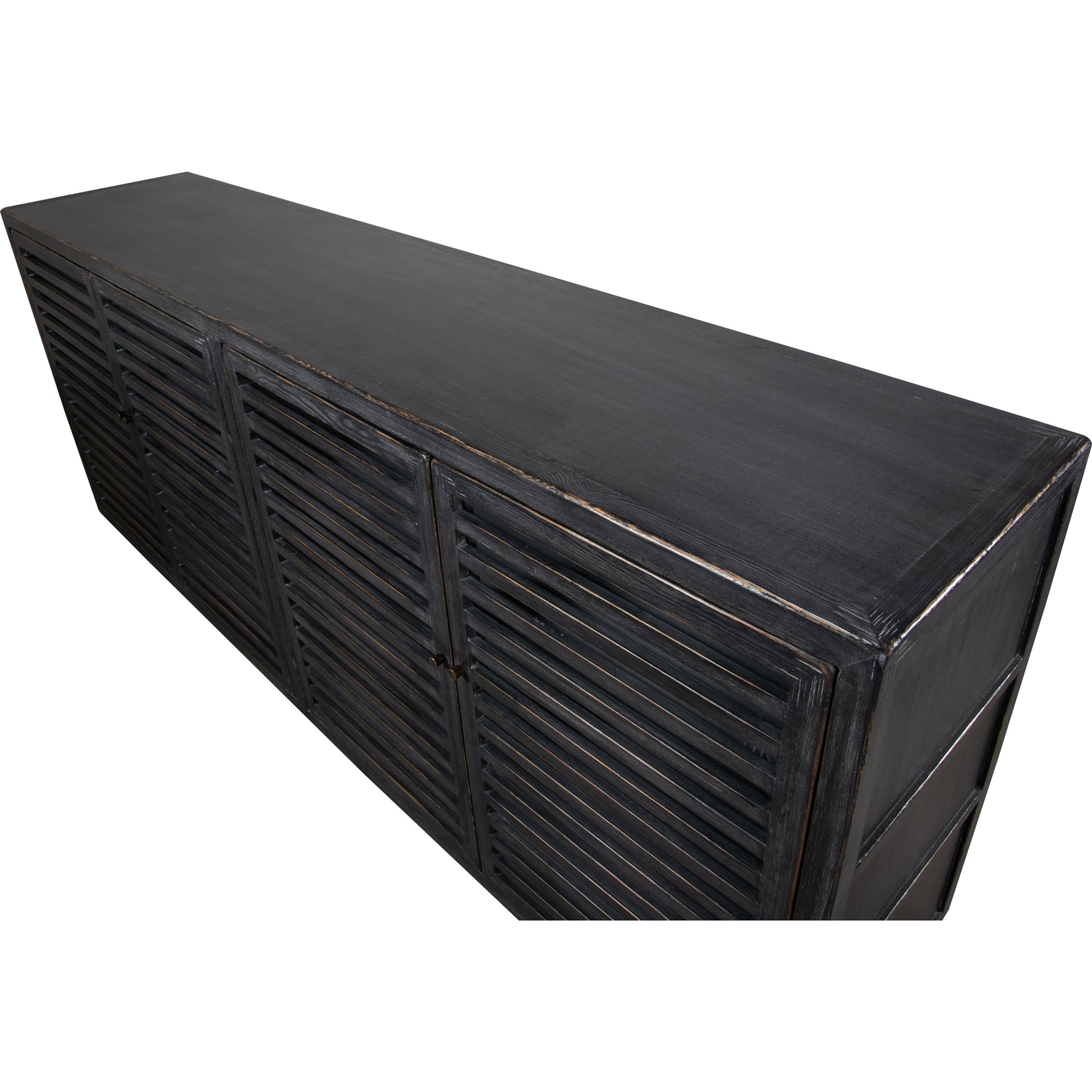St Lucia Sideboard by Sarreid Ltd. in black and 4 fixed shelves. Made from pine in a rustic style.