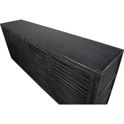 St Lucia Sideboard by Sarreid Ltd. in black and 4 fixed shelves. Made from pine in a rustic style.