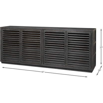 St Lucia Sideboard by Sarreid Ltd. in black and 4 fixed shelves. Made from pine in a rustic style.