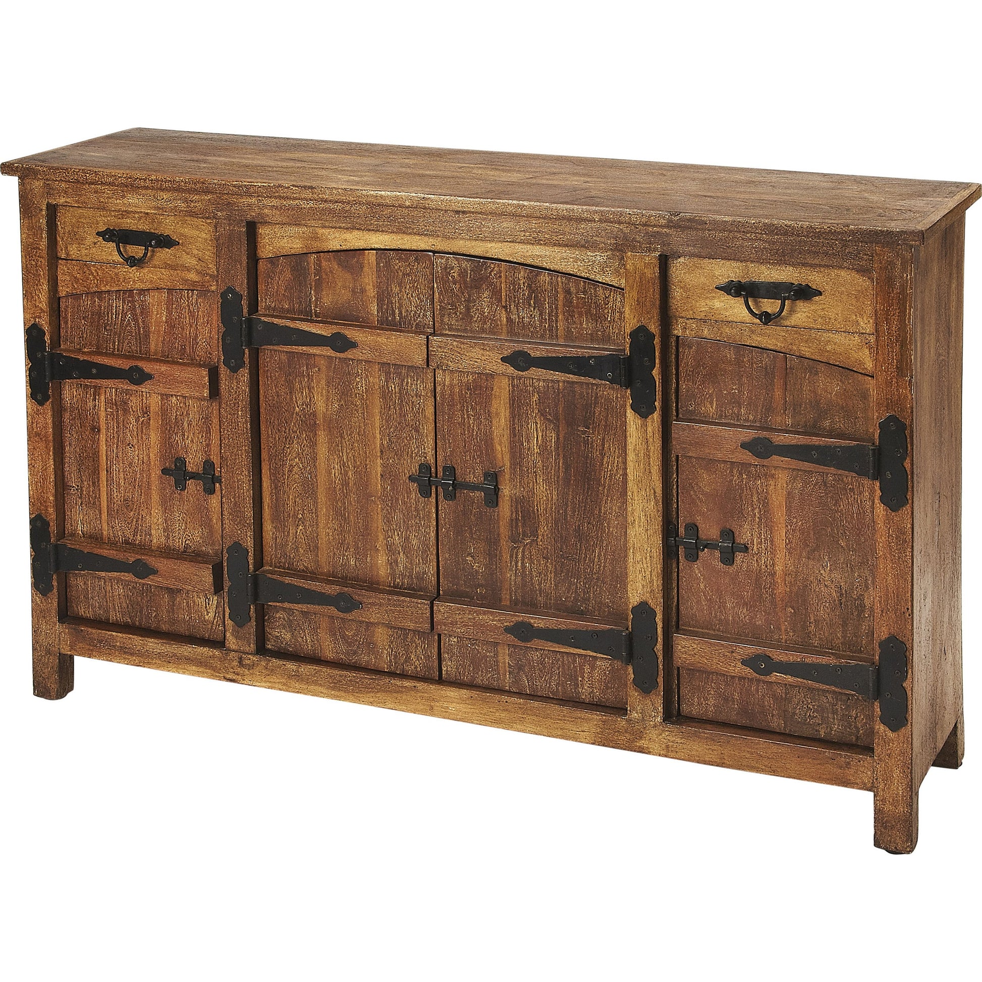 Giddings Rustic Sideboard by Butler Specialty Company in medium brown and mountain lodge. Made from acacia wood solids, black finished iron hardware in a rustic style.