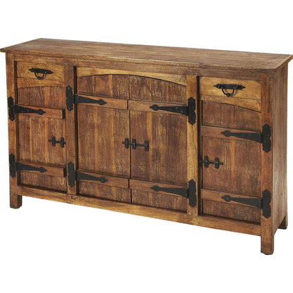Giddings Rustic Sideboard by Butler Specialty Company in medium brown and mountain lodge. Made from acacia wood solids, black finished iron hardware in a rustic style.