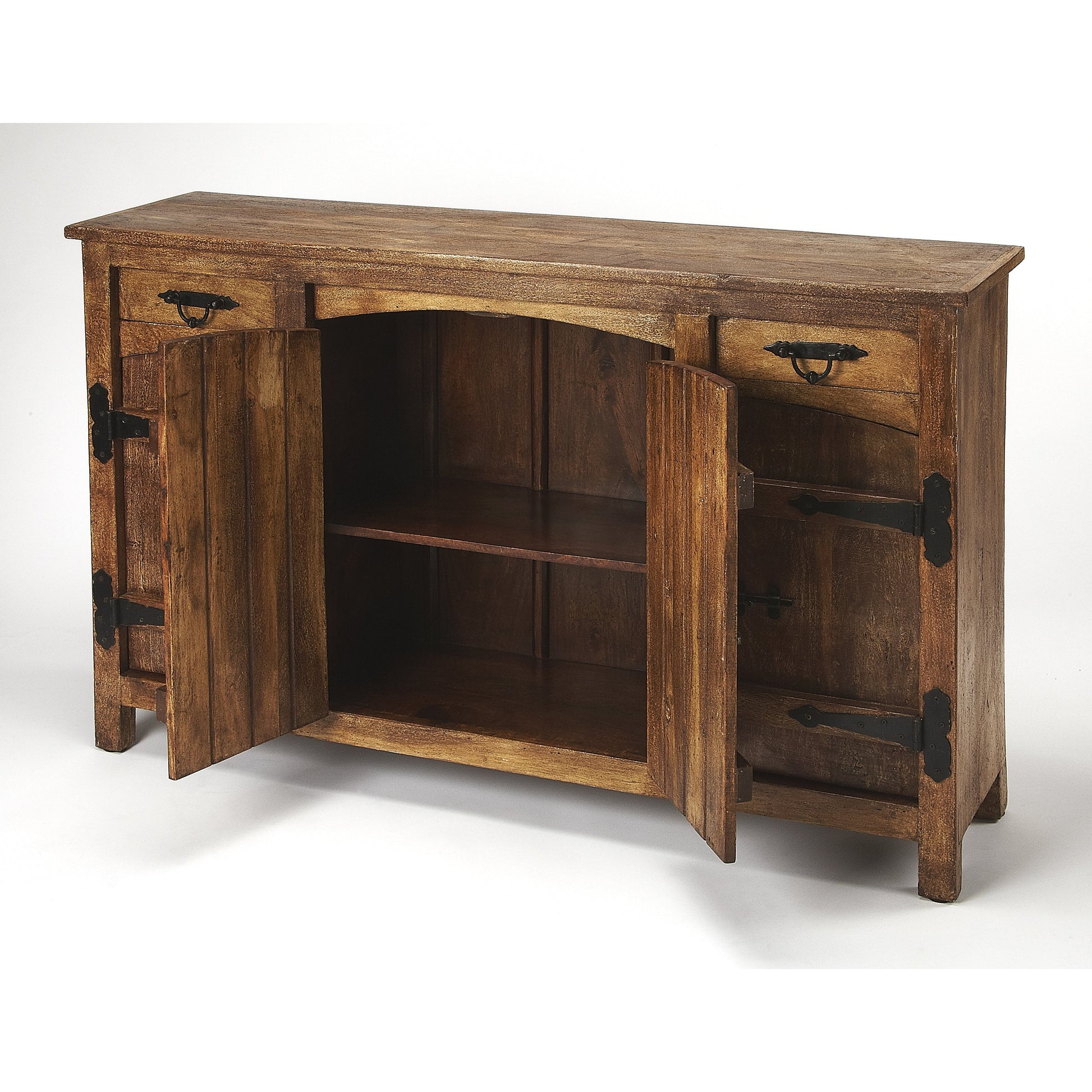 Giddings Rustic Sideboard by Butler Specialty Company in medium brown and mountain lodge. Made from acacia wood solids, black finished iron hardware in a rustic style.