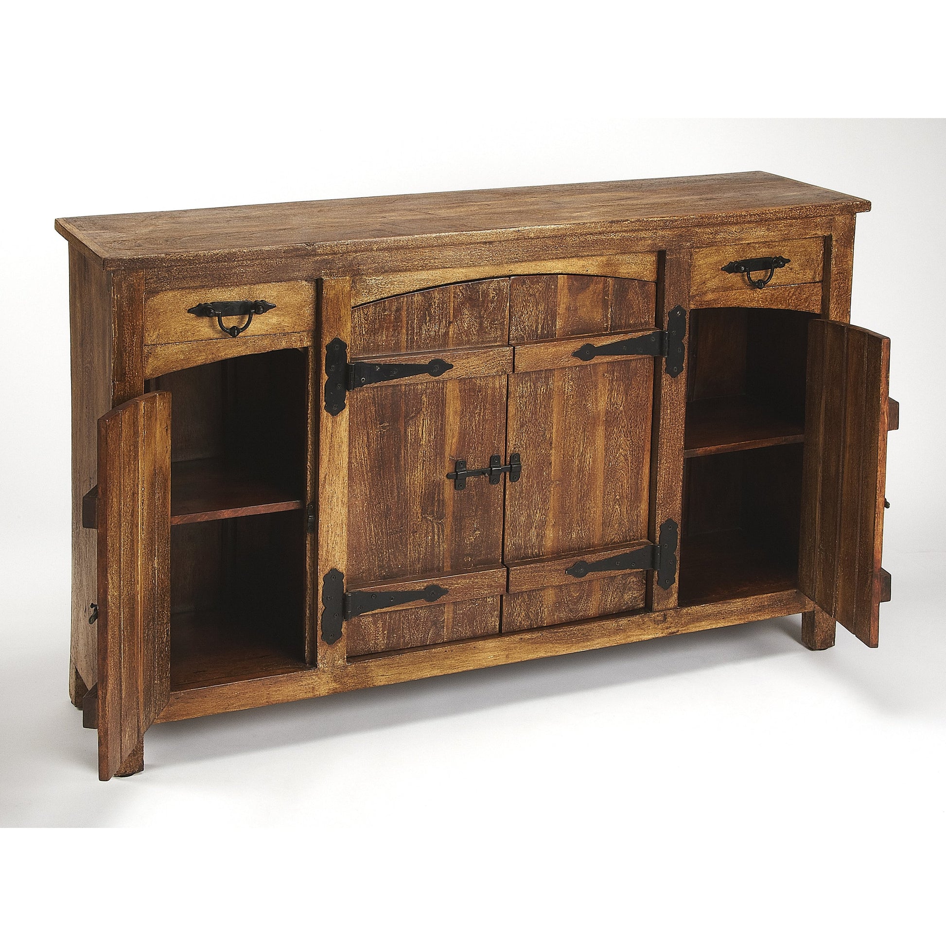 Giddings Rustic Sideboard by Butler Specialty Company in medium brown and mountain lodge. Made from acacia wood solids, black finished iron hardware in a rustic style.