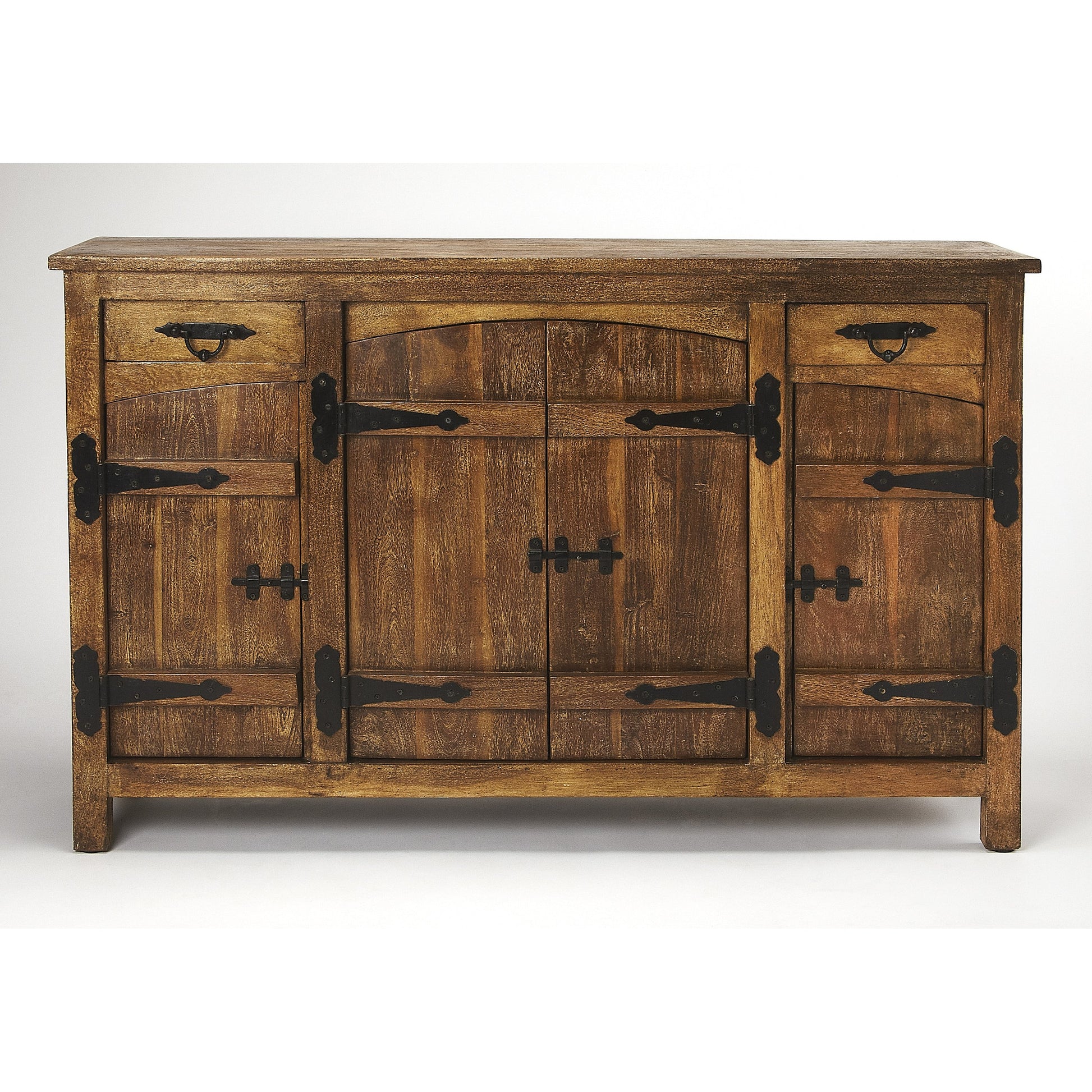 Giddings Rustic Sideboard by Butler Specialty Company in medium brown and mountain lodge. Made from acacia wood solids, black finished iron hardware in a rustic style.