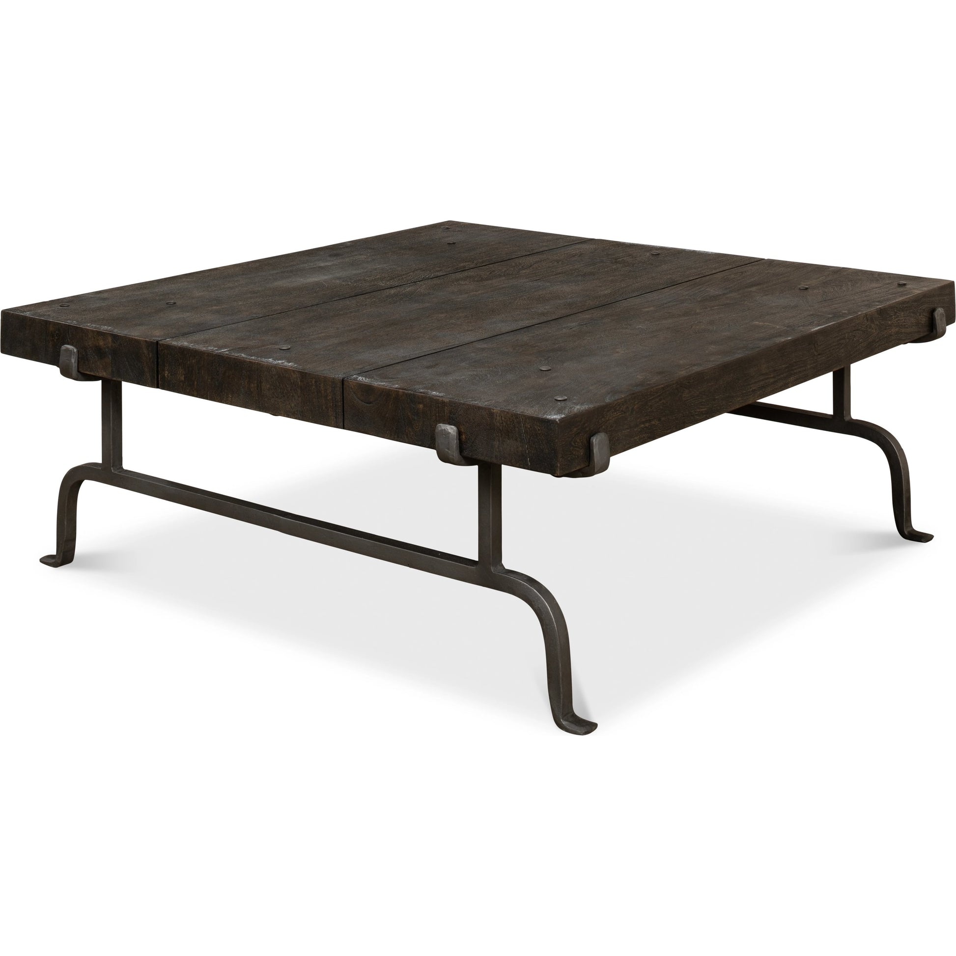 Blayne Square Coffee Table by Sarreid Ltd. in brown and heavy wrought iron base. Made from solid mango wood, iron in a rustic style.