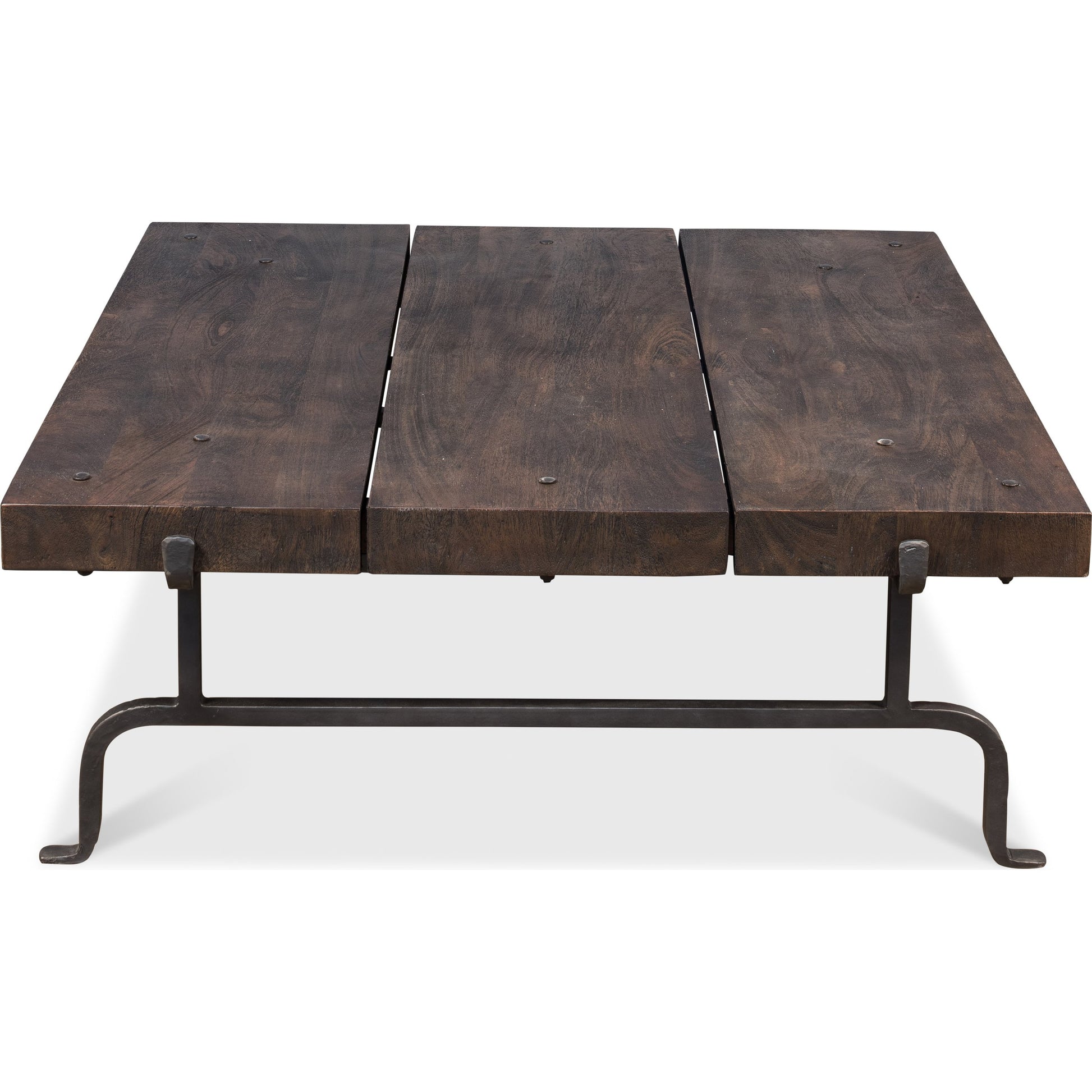 Blayne Square Coffee Table by Sarreid Ltd. in brown and heavy wrought iron base. Made from solid mango wood, iron in a rustic style.