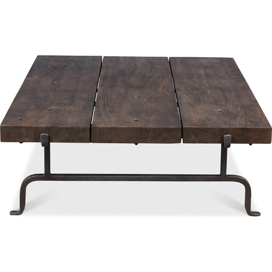 Blayne Square Coffee Table by Sarreid Ltd. in brown and heavy wrought iron base. Made from solid mango wood, iron in a rustic style.