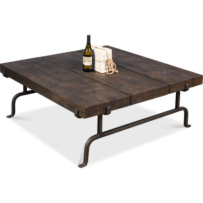 Blayne Square Coffee Table by Sarreid Ltd. in brown and heavy wrought iron base. Made from solid mango wood, iron in a rustic style.