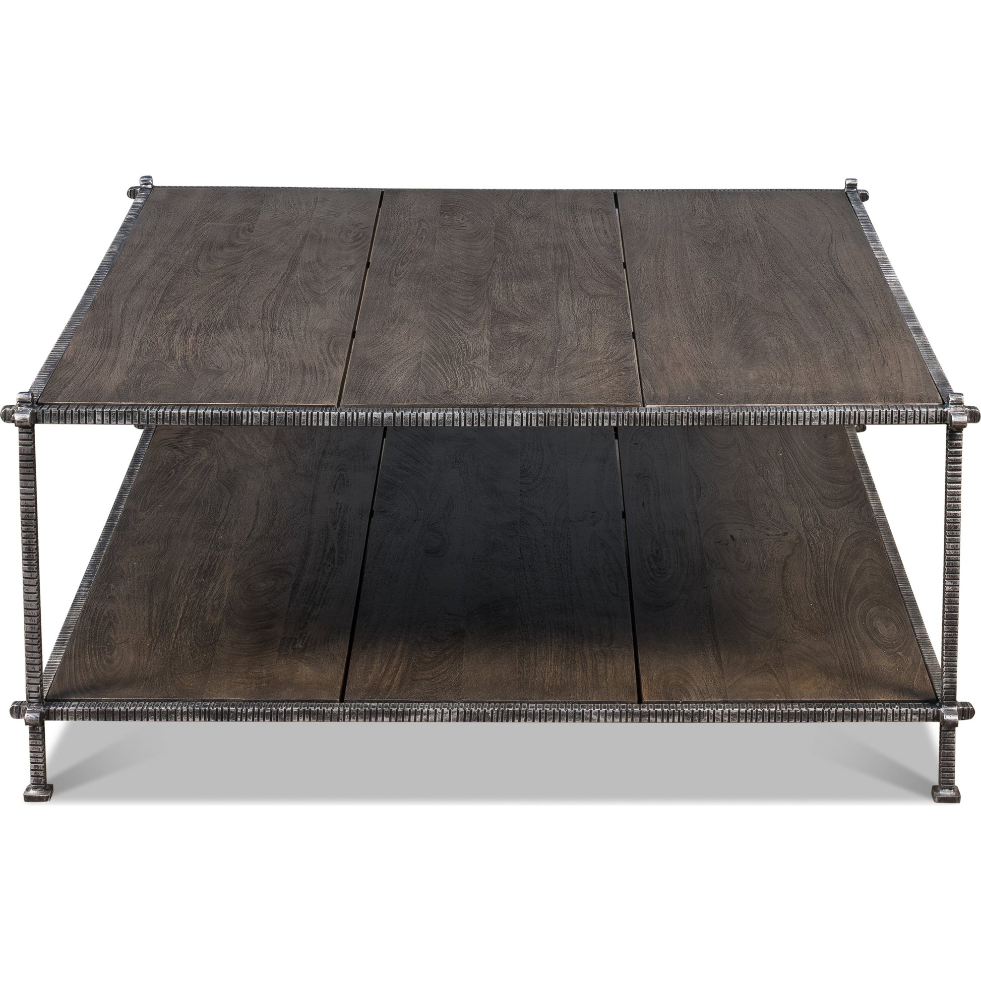 Blayne Square Coffee Table by Sarreid Ltd. in brown and heavy wrought iron base. Made from solid mango wood, iron in a rustic style.