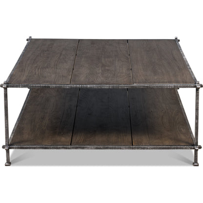 Blayne Square Coffee Table by Sarreid Ltd. in brown and heavy wrought iron base. Made from solid mango wood, iron in a rustic style.