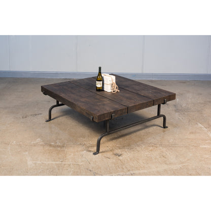 Blayne Square Coffee Table by Sarreid Ltd. in brown and heavy wrought iron base. Made from solid mango wood, iron in a rustic style.
