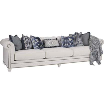 Carmen Long Sofa by Barclay Butera in white, ivory and white. Made from mahogany, fabric in a unique style.