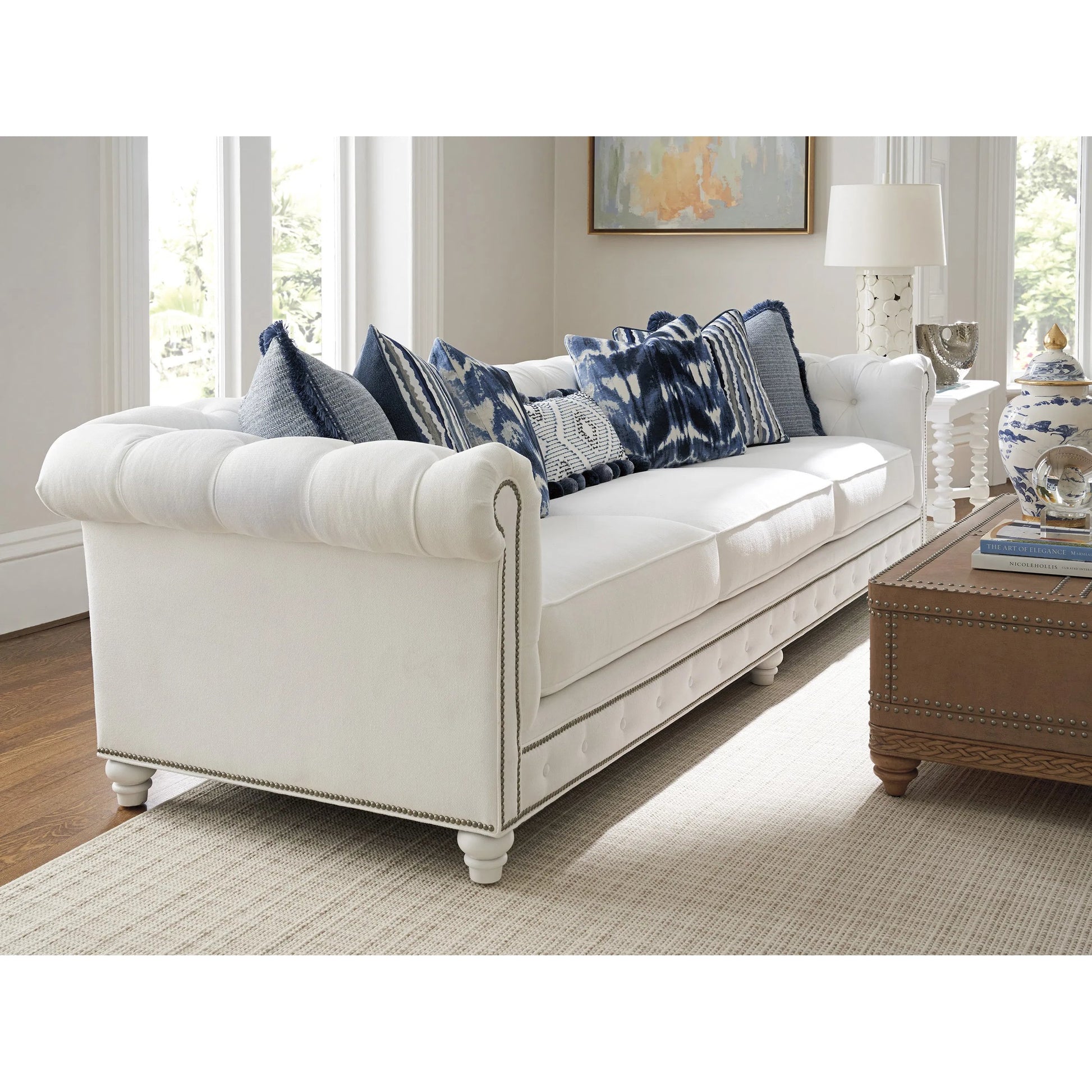 Carmen Long Sofa by Barclay Butera in white, ivory and white. Made from mahogany, fabric in a unique style.