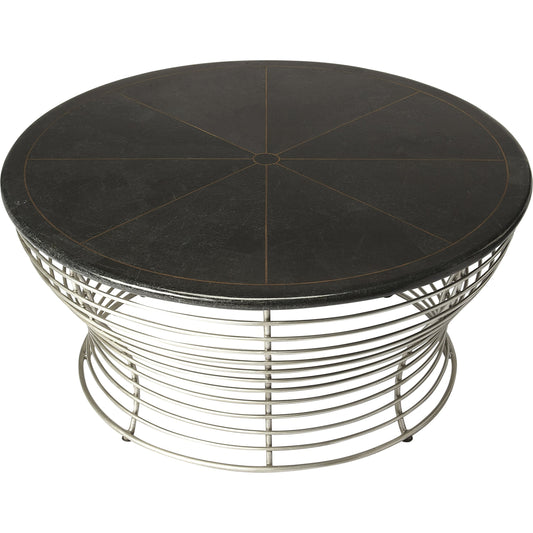 Fleming Fossil Stone & Metal Coffee Table by Butler Specialty Company in black and metalworks. Made from silver finished metal base, plywood, black fossil stone vneer, brass in a modern style.