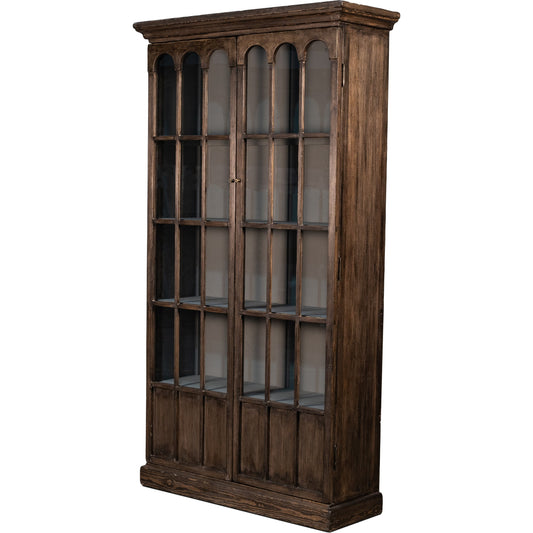 Refined Arches Tall Bookcase by Sarreid Ltd. in brown and antique finish 5 fixed shelves. Made from pine in a rustic style.
