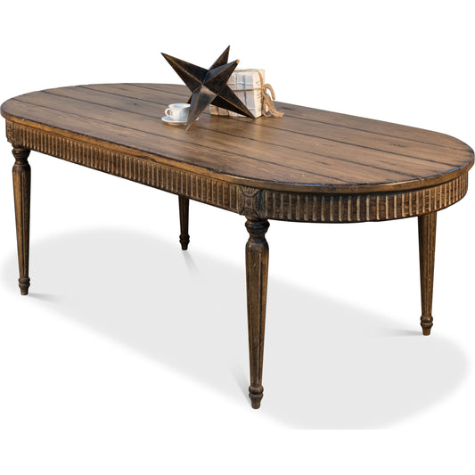 French Antique Reproduction Dining Table by Sarreid Ltd. in tan and time worn sun burned finish. Made from pine in a cottage & farmhouse style.