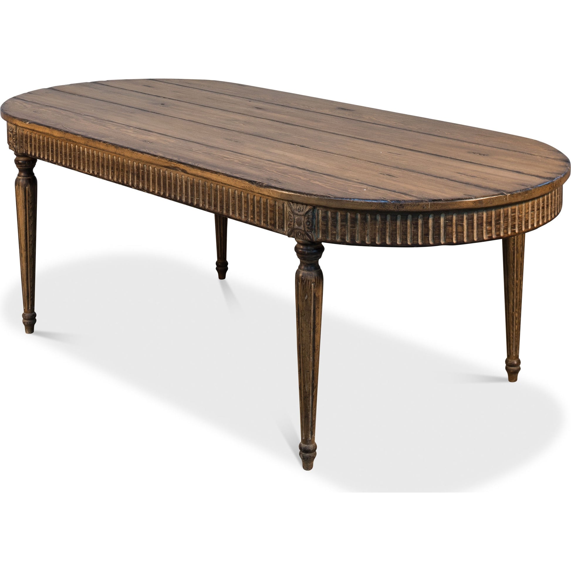 French Antique Reproduction Dining Table by Sarreid Ltd. in tan and time worn sun burned finish. Made from pine in a cottage & farmhouse style.