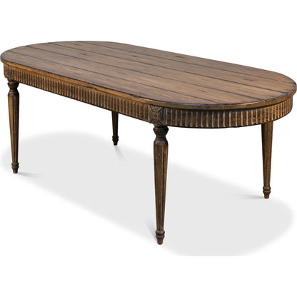 French Antique Reproduction Dining Table by Sarreid Ltd. in tan and time worn sun burned finish. Made from pine in a cottage & farmhouse style.