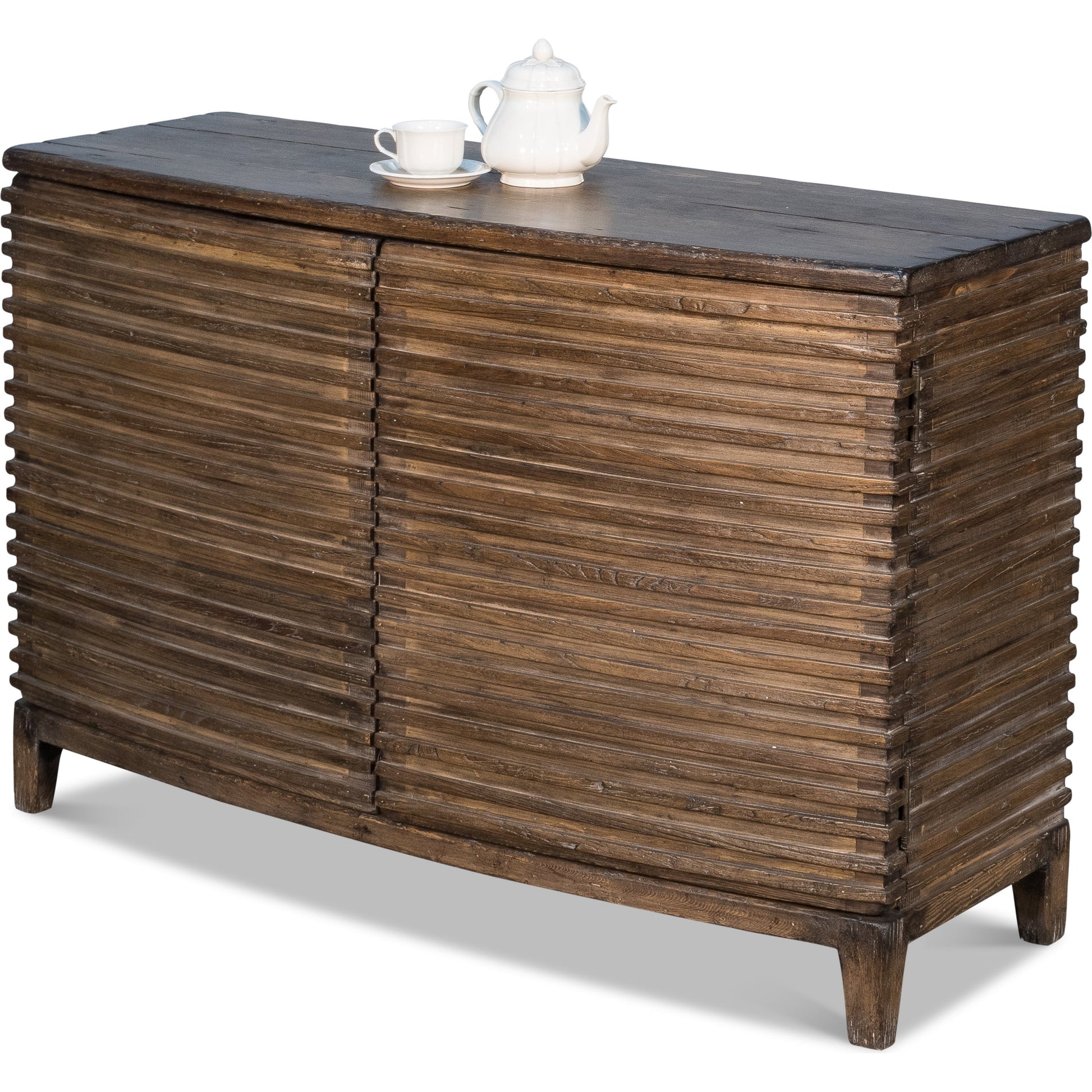 Ribbed Remington Cabinet by Sarreid Ltd. in tan and wrapped in wooden ribs. Made from pine in a modern style.