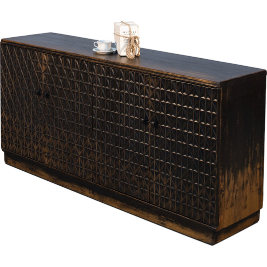 Scrubboard Front Sideboard by Sarreid Ltd. in black and 4 doors 2 rmvble shelves. Made from pine in a rustic style.