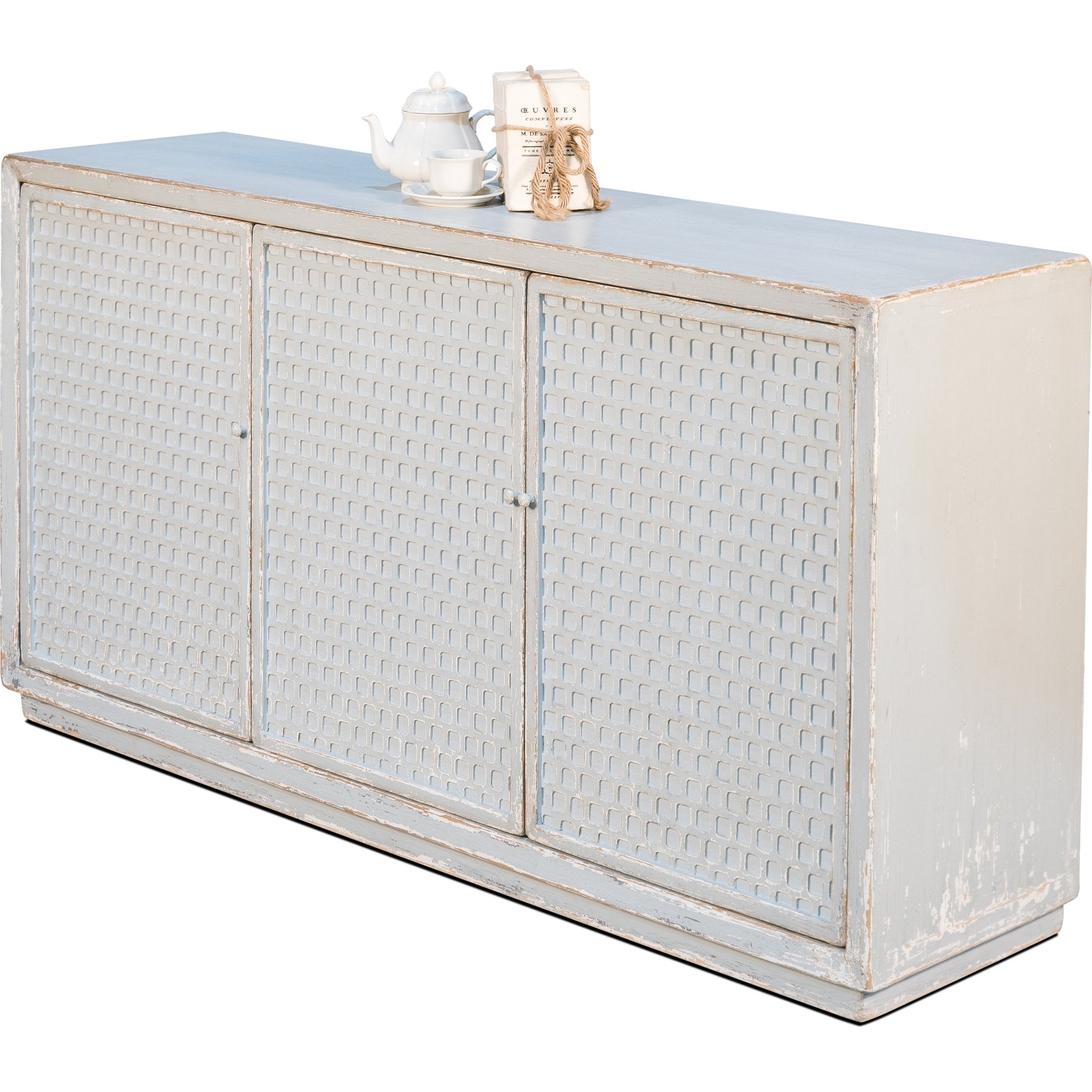 Honeycomb Front Sideboard by Sarreid Ltd. in gray and 3 removable shelves. Made from pine in a transitional style.