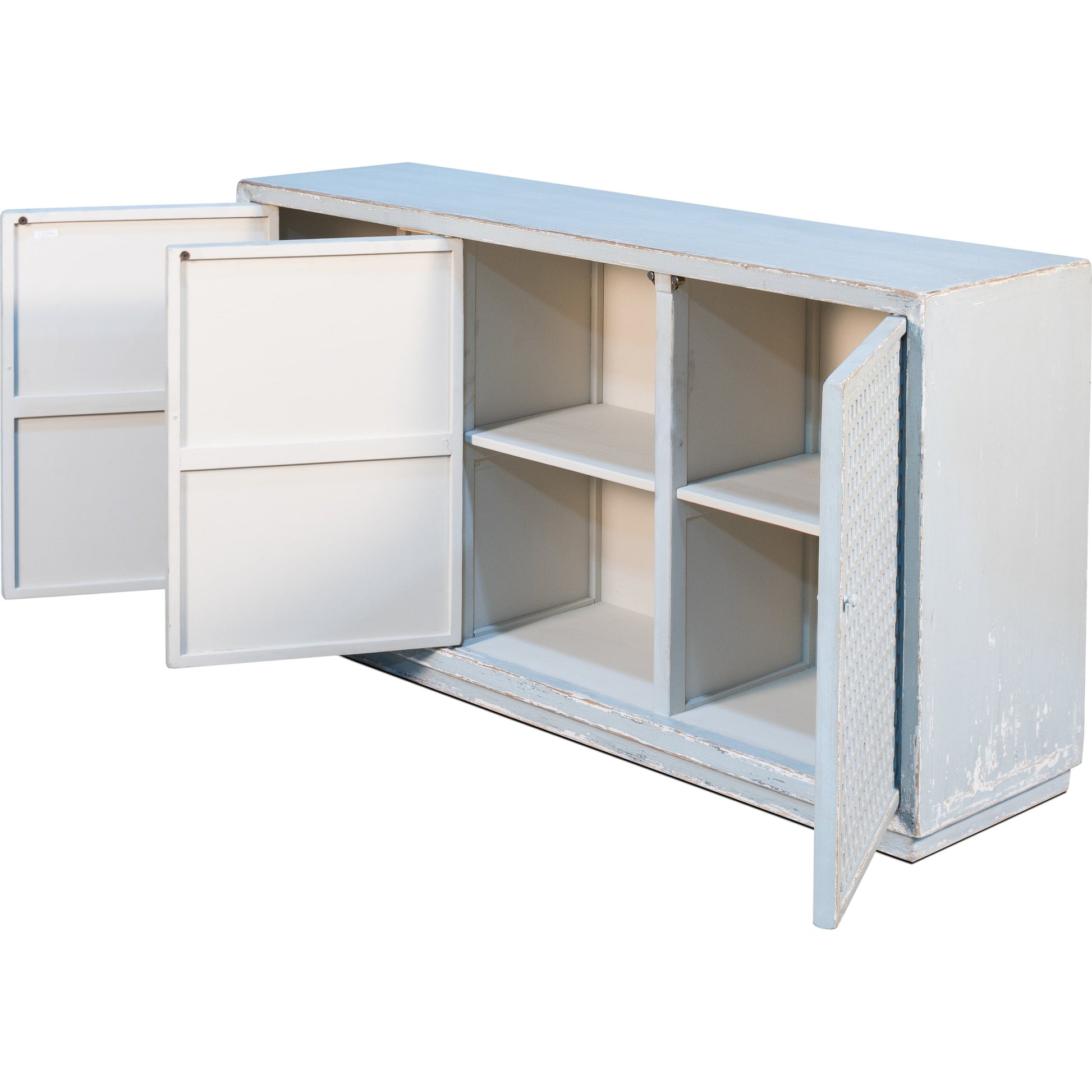 Honeycomb Front Sideboard by Sarreid Ltd. in gray and 3 removable shelves. Made from pine in a transitional style.