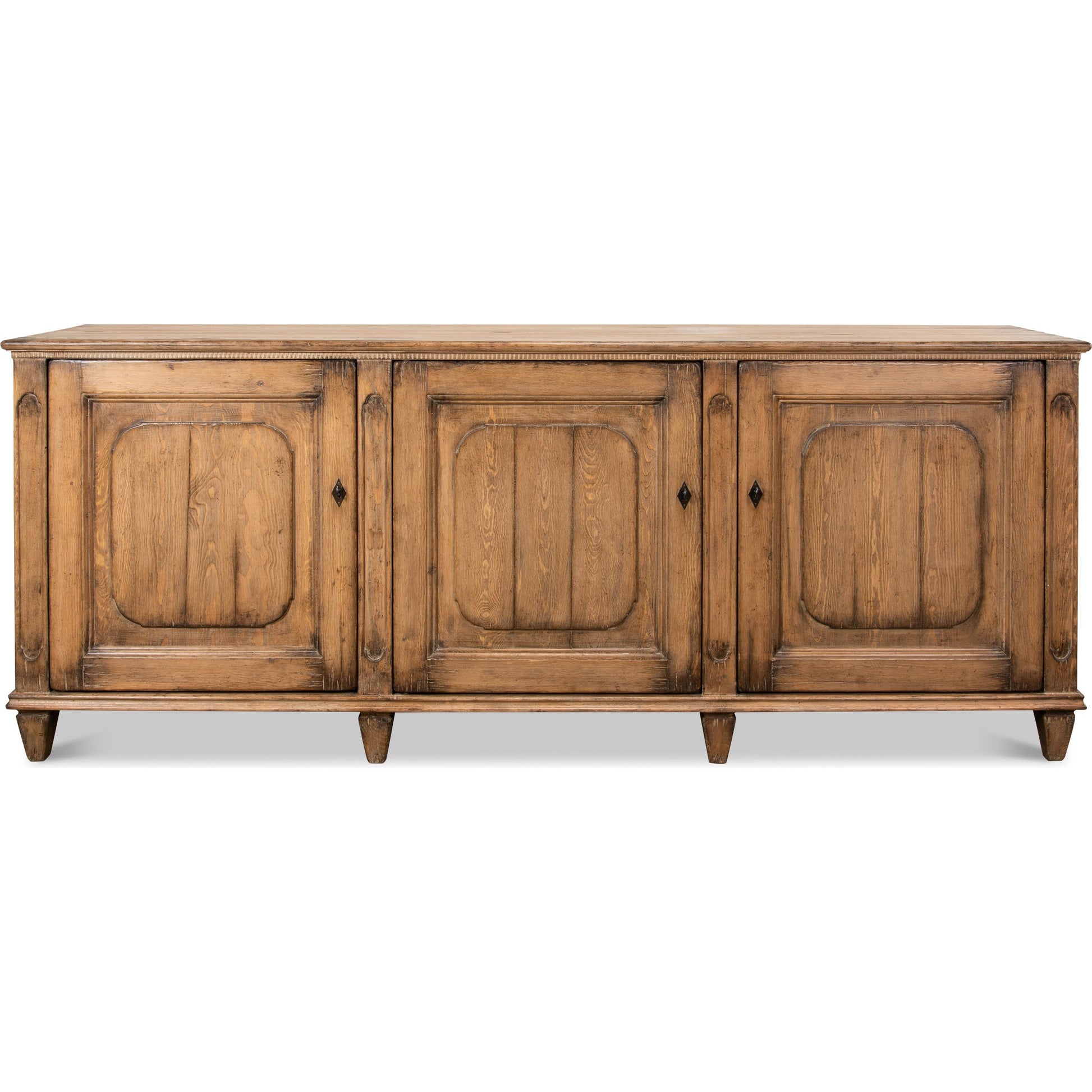 French Country Sideboard by Sarreid Ltd. in tan and 3 doors 3 removable shelves. Made from pine in a rustic style.