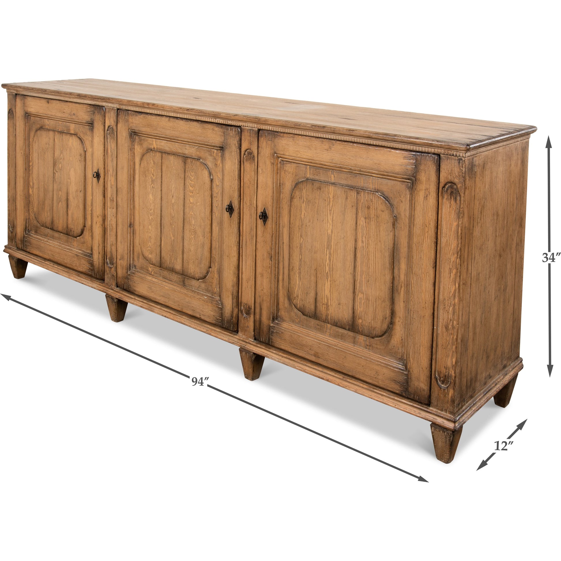 French Country Sideboard by Sarreid Ltd. in tan and 3 doors 3 removable shelves. Made from pine in a rustic style.