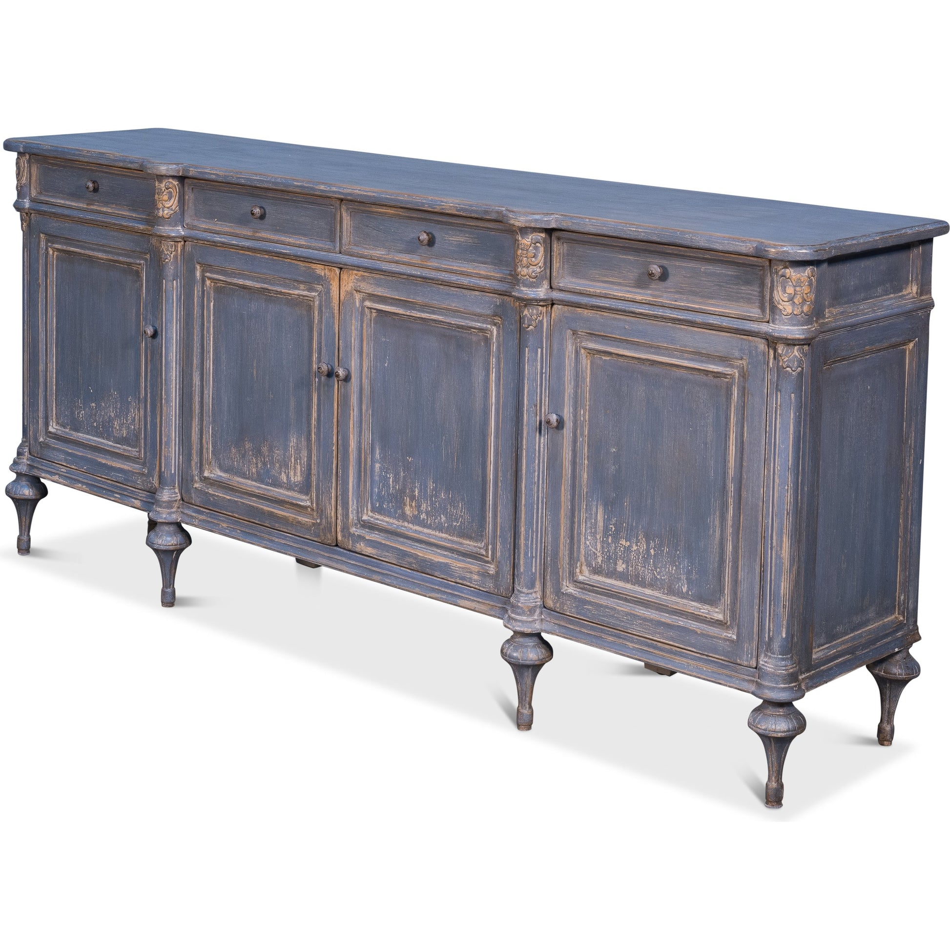 Lilac Sideboard With Highfeet by Sarreid Ltd. in blue and 4 doors 4 drawers 3 rmvbl shelves. Made from pine in a cottage & farmhouse style.