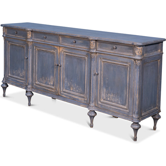 Lilac Sideboard With Highfeet by Sarreid Ltd. in blue and 4 doors 4 drawers 3 rmvbl shelves. Made from pine in a cottage & farmhouse style.