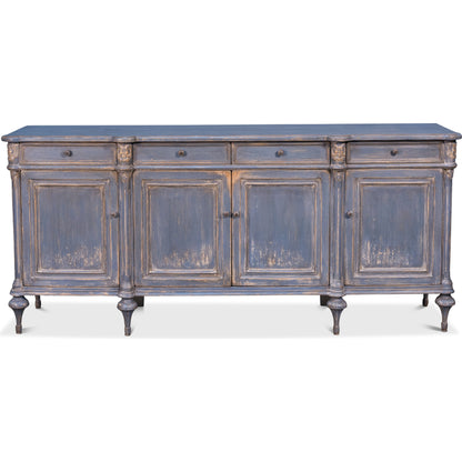 Lilac Sideboard With Highfeet by Sarreid Ltd. in blue and 4 doors 4 drawers 3 rmvbl shelves. Made from pine in a cottage & farmhouse style.