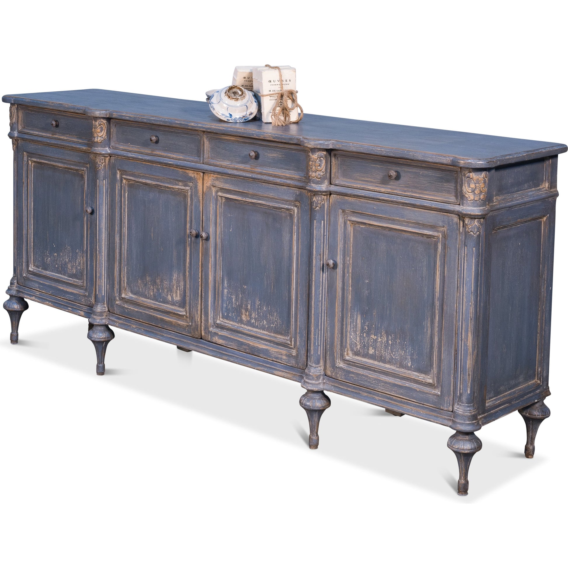 Lilac Sideboard With Highfeet by Sarreid Ltd. in blue and 4 doors 4 drawers 3 rmvbl shelves. Made from pine in a cottage & farmhouse style.