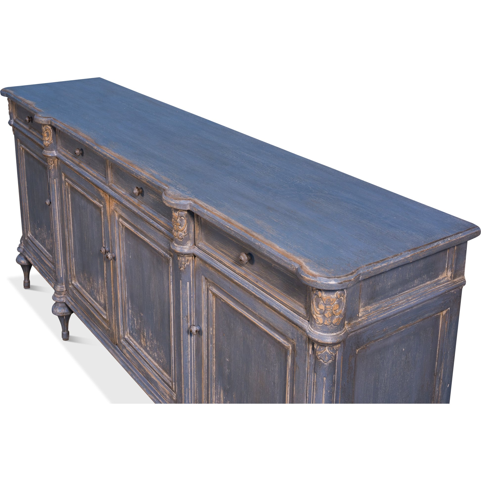 Lilac Sideboard With Highfeet by Sarreid Ltd. in blue and 4 doors 4 drawers 3 rmvbl shelves. Made from pine in a cottage & farmhouse style.