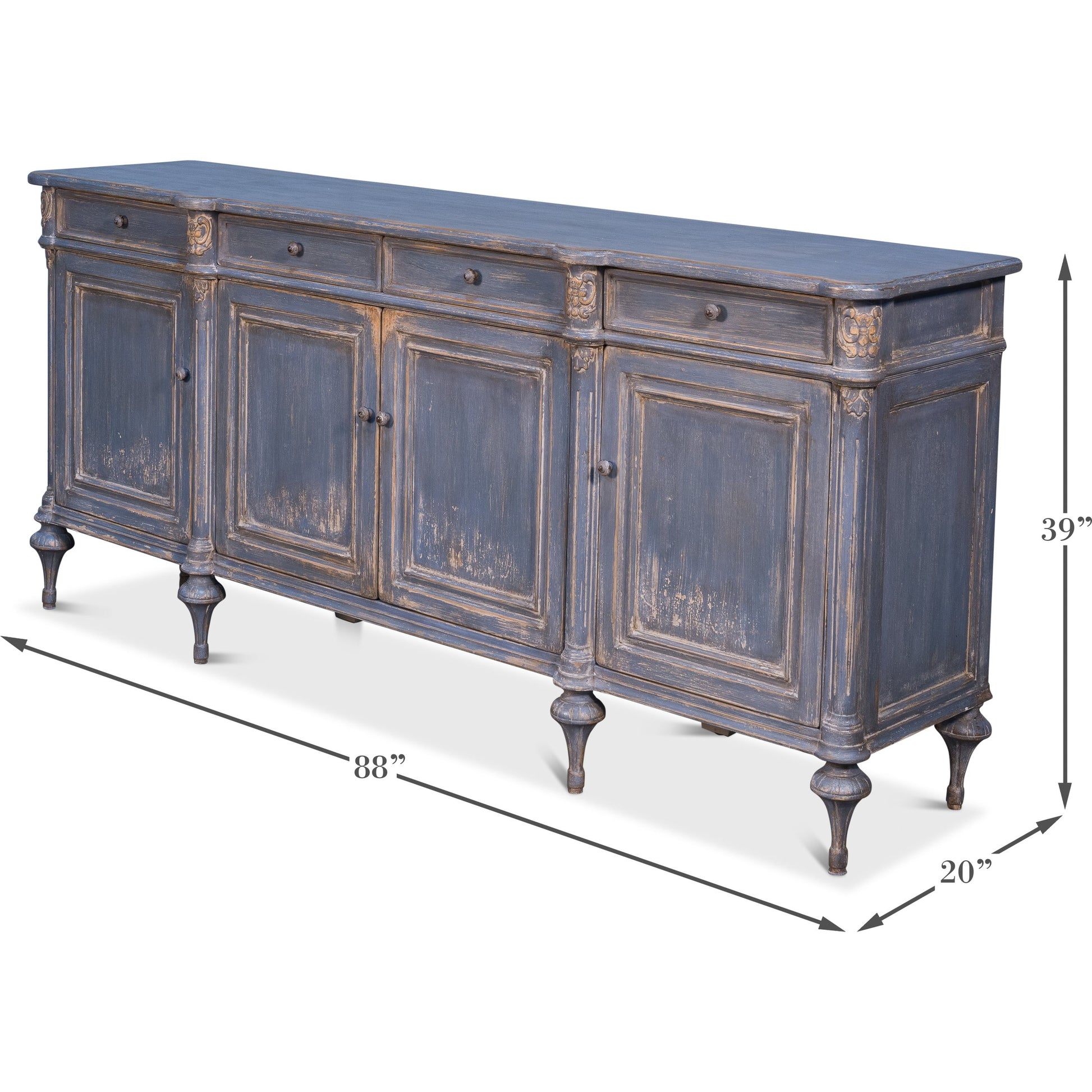 Lilac Sideboard With Highfeet by Sarreid Ltd. in blue and 4 doors 4 drawers 3 rmvbl shelves. Made from pine in a cottage & farmhouse style.