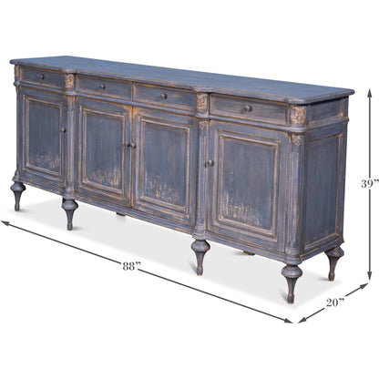 Lilac Sideboard With Highfeet by Sarreid Ltd. in blue and 4 doors 4 drawers 3 rmvbl shelves. Made from pine in a cottage & farmhouse style.