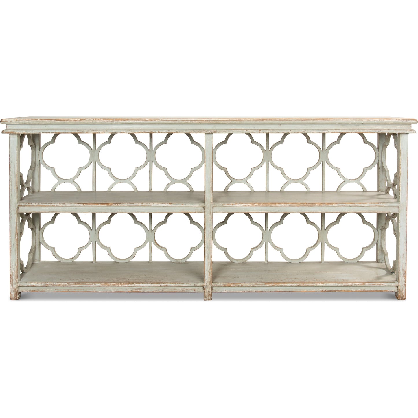 002 SR-858012 | Additional Silo | Quatrefoil Bookshelf Console Table by Sarreid Ltd. in gray and sage finish. Made from pine in a cottage & farmhouse style.
