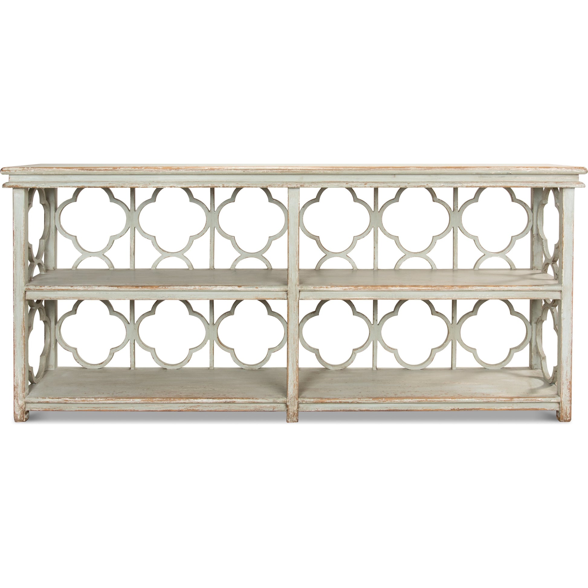 Quatrefoil Bookshelf Console Table by Sarreid Ltd. in gray and sage finish. Made from pine in a cottage & farmhouse style.