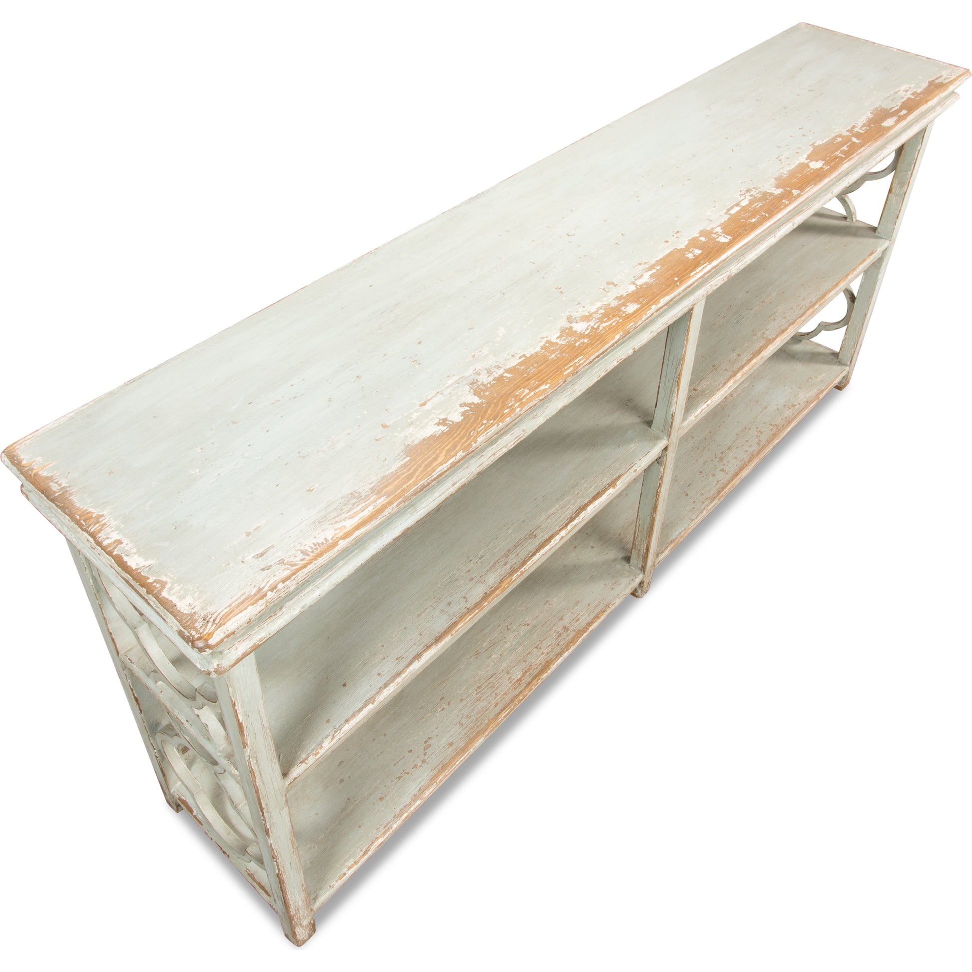 Quatrefoil Bookshelf Console Table by Sarreid Ltd. in gray and sage finish. Made from pine in a cottage & farmhouse style.