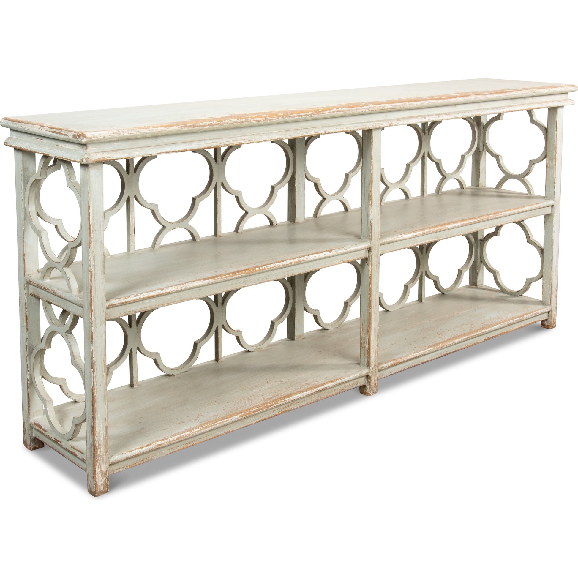Quatrefoil Bookshelf Console Table by Sarreid Ltd. in gray and sage finish. Made from pine in a cottage & farmhouse style.