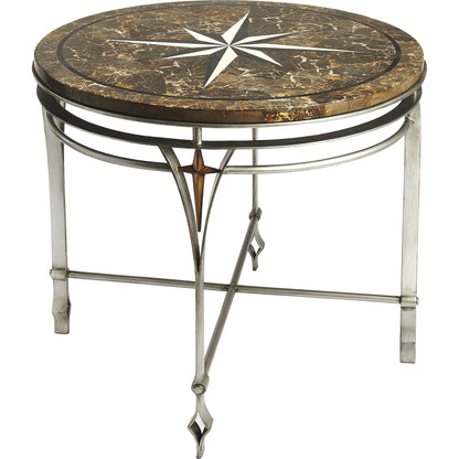 Regina Fossil Stone & Metal Foyer Table by Butler Specialty Company in multi-color and metalworks. Made from silver finished metal base, fossil stone veneers in a traditional style.