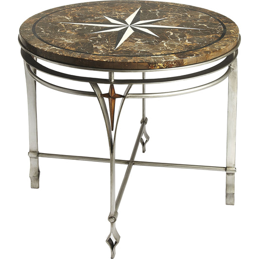 Regina Fossil Stone & Metal Foyer Table by Butler Specialty Company in multi-color and metalworks. Made from silver finished metal base, fossil stone veneers in a traditional style.