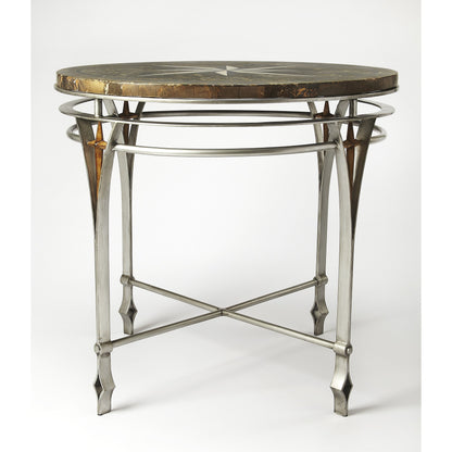 Regina Fossil Stone & Metal Foyer Table by Butler Specialty Company in multi-color and metalworks. Made from silver finished metal base, fossil stone veneers in a traditional style.