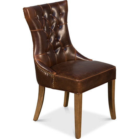 Malcolm Side Chair by Sarreid Ltd. in brown. Made from oak, leather in a cottage & farmhouse style.