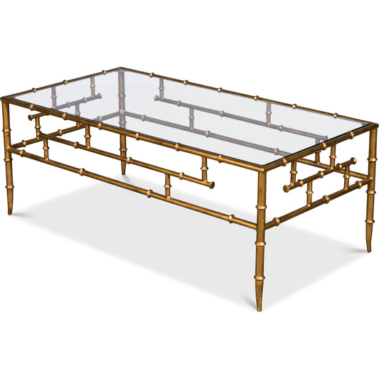 Faux Bamboo Metal Coffee Table by Sarreid Ltd. in gold and gold antique finish. Made from glass, iron in a transitional style.