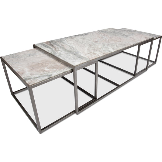 Set Of 3 Low Nesting Tables by Sarreid Ltd. in silver and silver antique finish. Made from marble, iron in a modern style.