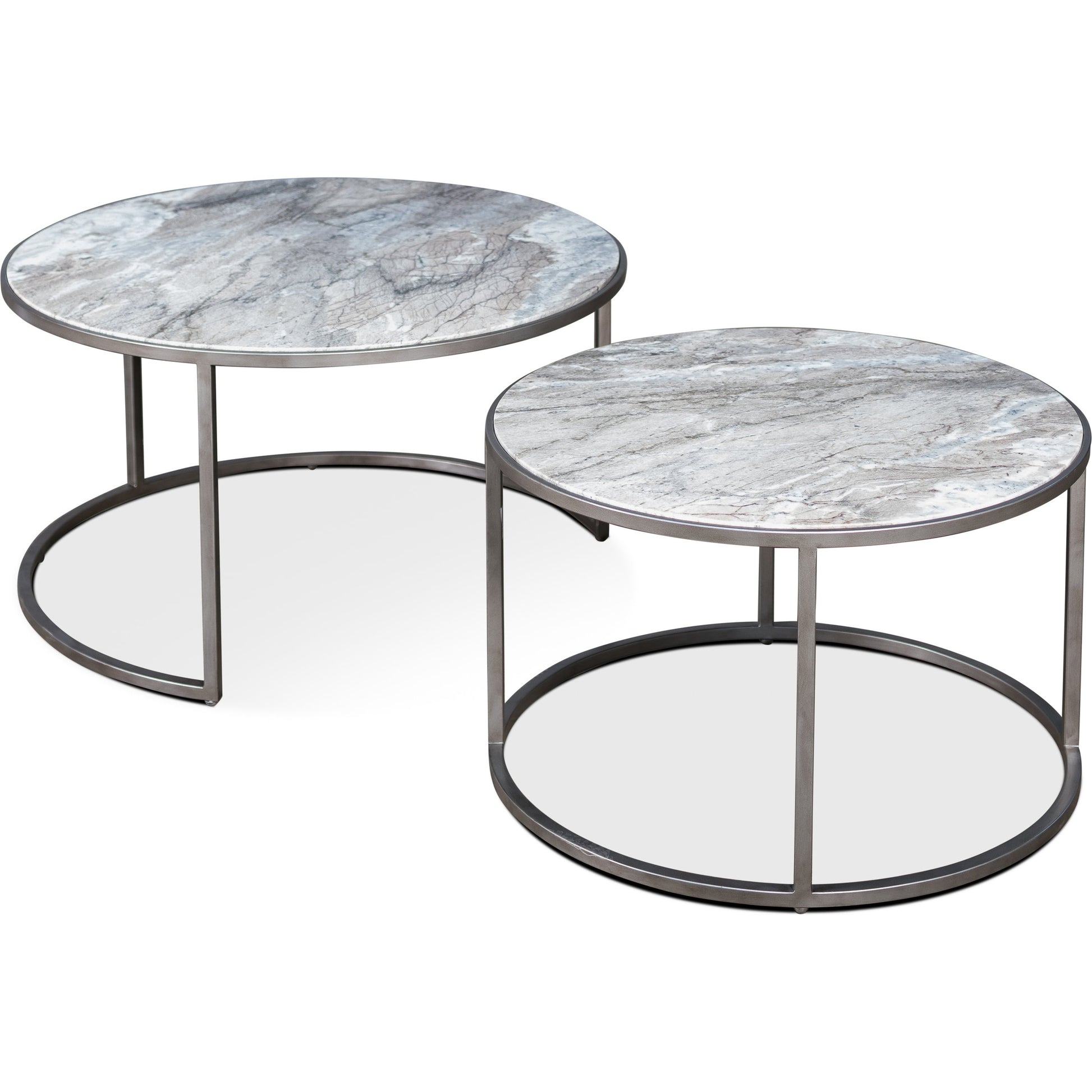 Set Of 2 Round Marble Top Nesting Tables by Sarreid Ltd. in silver and silver antique finish. Made from marble, iron in a modern style.